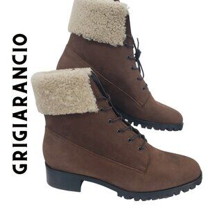 Brown Lace Up Ankle Boots Shearling Cuff Lug Sole‎ Combat Booties
